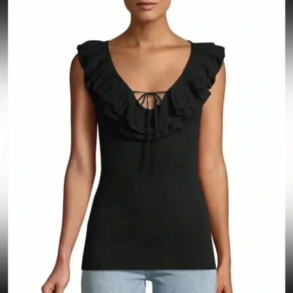 FRAME Ruffle Neck-tie Sleeveless Noir Sleeveless Knit Top - Picture 1 of 7